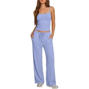 image:imageDarong Womens Summer Outfits 2 Piece Lounge Set Spaghetti Strap Tank Top Wide Leg Pants Matching Sets Travel ClothingLight Blue
