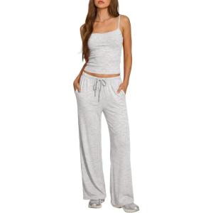 image:imageDarong Womens Summer Outfits 2 Piece Lounge Set Spaghetti Strap Tank Top Wide Leg Pants Matching Sets Travel ClothingWhite Grey