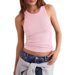 image:imageDarong Womens Racerback Crew Neck Tank Tops with Built in Bra Ribbed Slim Fitted Camisole Basic Tee Summer Clothes 2026Light Pink