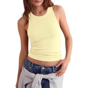 image:imageDarong Womens Racerback Crew Neck Tank Tops with Built in Bra Ribbed Slim Fitted Camisole Basic Tee Summer Clothes 2026Light Yellow