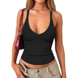 image:imageDarong Womens V Neck Tank Tops with Builtin Bra Racerback Basic Summer Camisole Ribbed Slim Fit Sleeveless ShirtsBlack