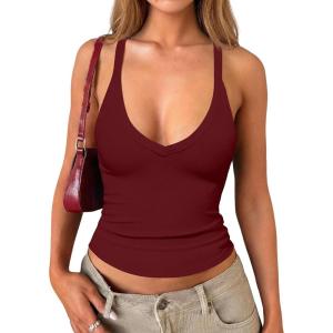 image:imageDarong Womens V Neck Tank Tops with Builtin Bra Racerback Basic Summer Camisole Ribbed Slim Fit Sleeveless ShirtsRed