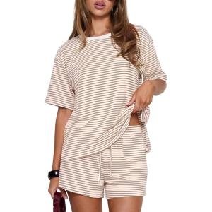 image:imageDarong Womens Striped 2 Piece Lounge Sets Short Sleeve Oversized T Shirts Drawstring Shorts Matching SetApricot Stripe