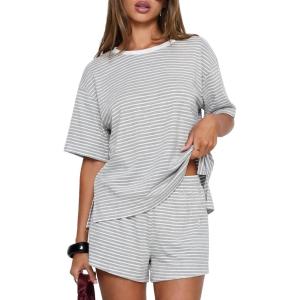 image:imageDarong Womens Striped 2 Piece Lounge Sets Short Sleeve Oversized T Shirts Drawstring Shorts Matching SetLight Grey Stripe
