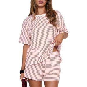 image:imageDarong Womens Striped 2 Piece Lounge Sets Short Sleeve Oversized T Shirts Drawstring Shorts Matching SetPink Stripe