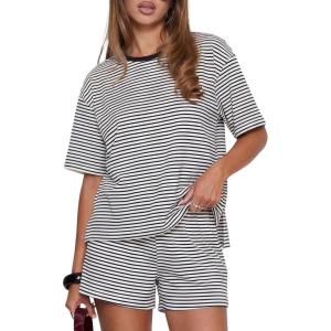 image:imageDarong Womens Striped 2 Piece Lounge Sets Short Sleeve Oversized T Shirts Drawstring Shorts Matching SetWhite Stripe